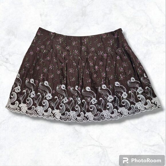 Rachel & Chloe Brown Floral Lace Trim Lined Skirt - Picture 1 of 7
